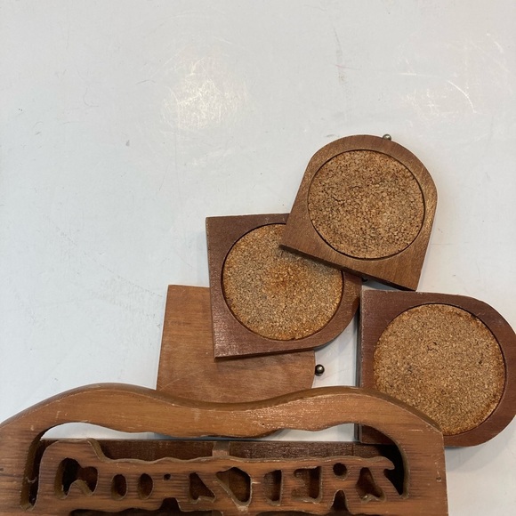 6 Wood Coasters Wood And Cork with Folk Art Coasters Box VTG - Picture 7 of 13